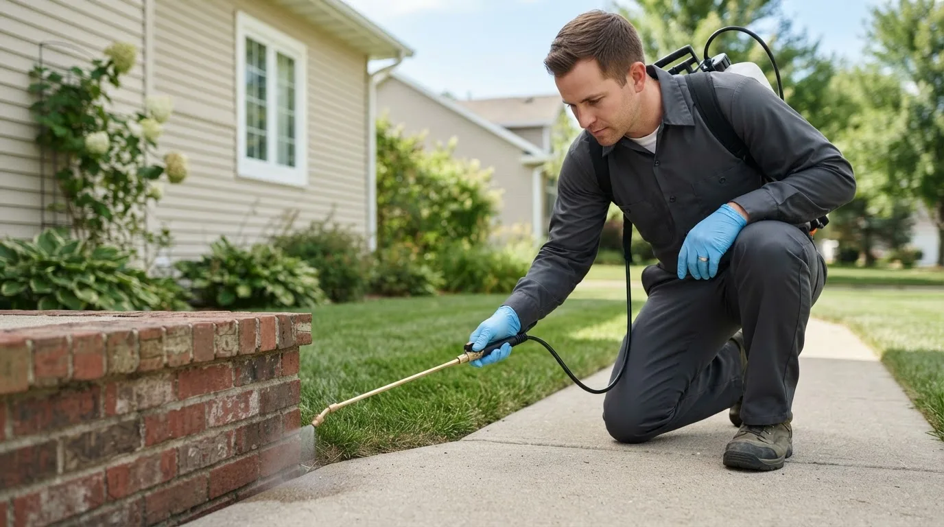 Pest control technician treating a home near Oakland City, IN
