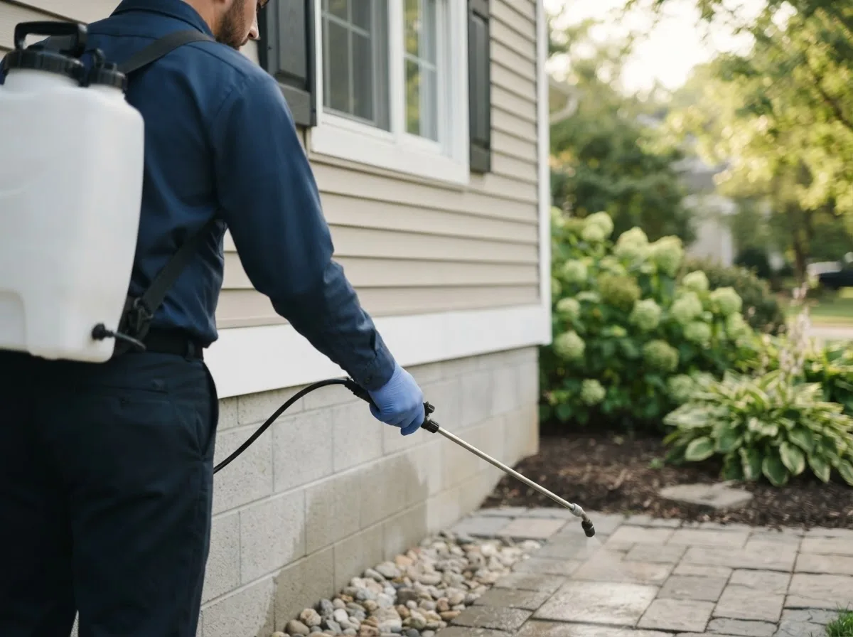 Pest control technician inspecting a home in Oakland City, IN
